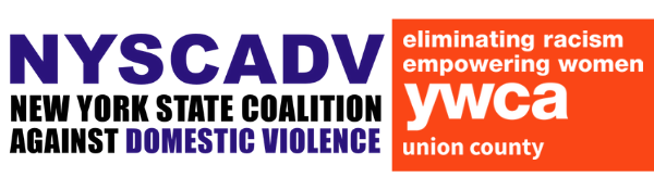 Logos of NYSCADV and YWCA of Union County, side-by-side. Left: Logo for the New York State Coalition Against Domestic Violence, which has three rows of text. Top to bottom - First row: NYSCADV in bold purple helvetica or arial font. Second row: "New York State Coalition" in bold black Impact font. Third row: "Against Domestic Violence" in bold Impact font. Right: Logo for the YWCA features white text against an orange background. Text from top to bottom reads: "eliminating racism, empowering women - ywca - union county" 