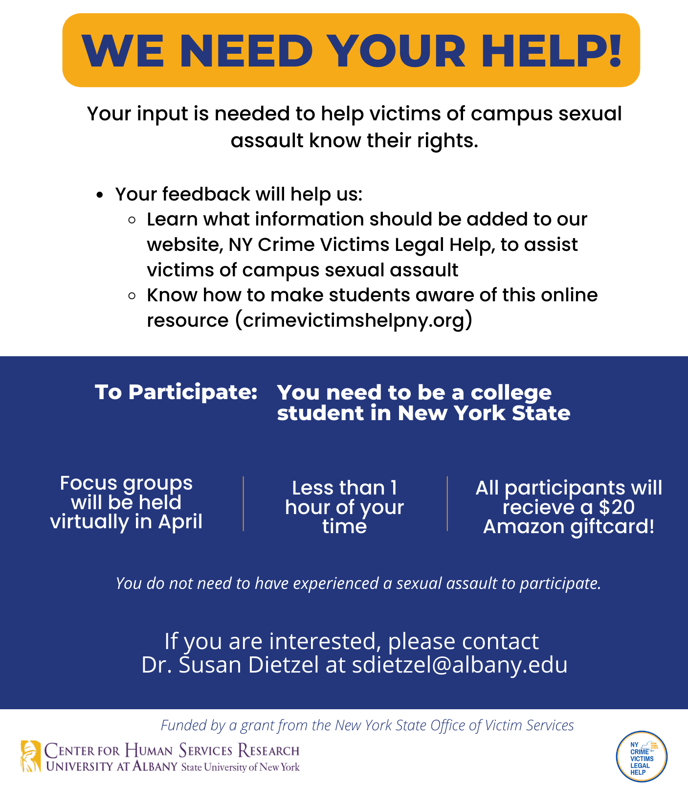 NYS college students and administrators: Help us improve availability of resources and information for victims of campus sexual assault!